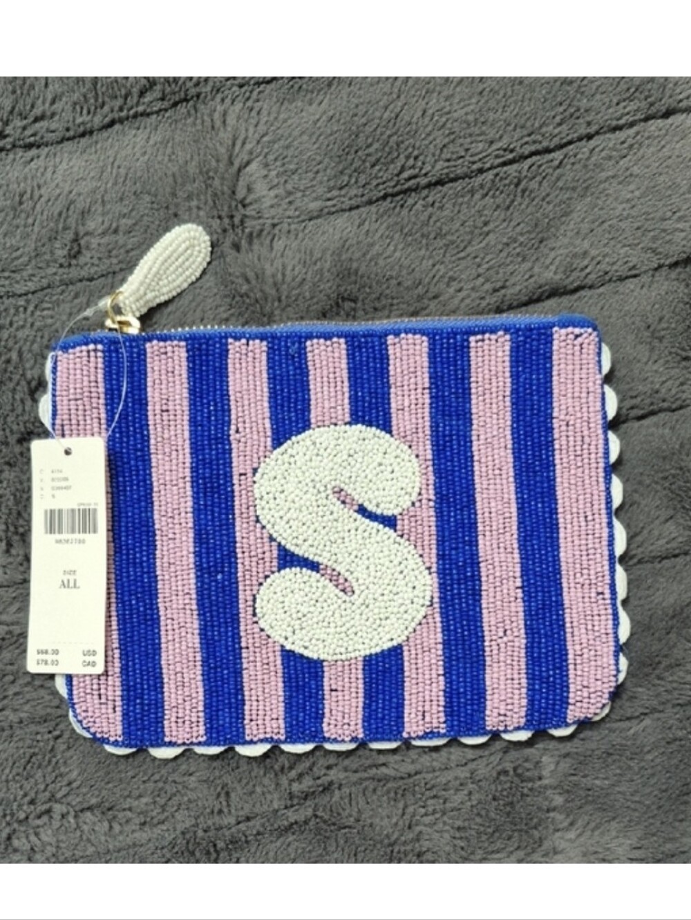 Anthropologie Beaded Monogram Stripe Initial "S" Pouch, New With Tags